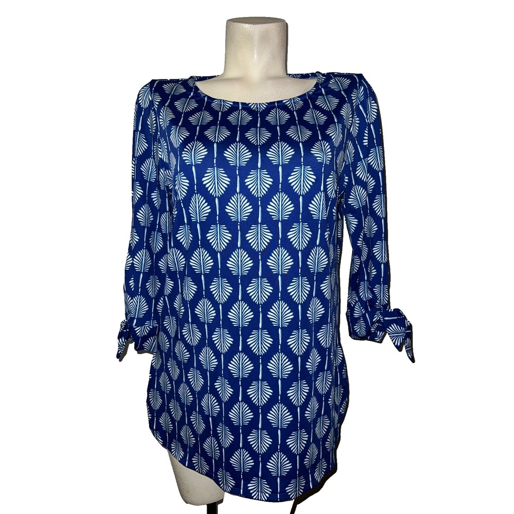ESCAPADA Living Top Womens Medium Blue White Print Tie Sleeve Tunic Resortwear